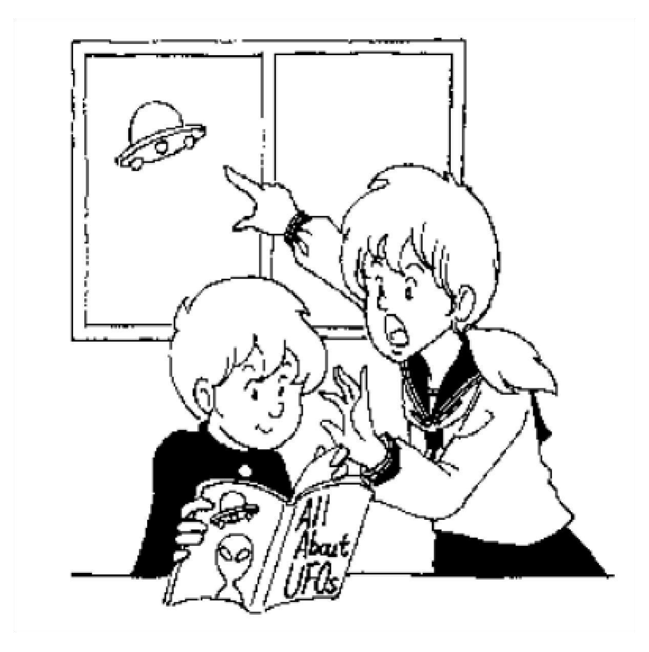 窓の外のUFOを指さす女子生徒と、UFOの本に見入って気づかない男の子を描いた白黒イラスト