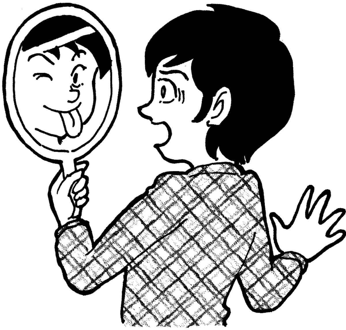 手鏡をかざす人物と、鏡の中で舌を出してウインクしている顔を描いた白黒イラスト
